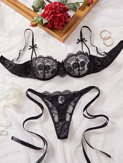 Women's Satin Floral Embroidered Lingerie Set