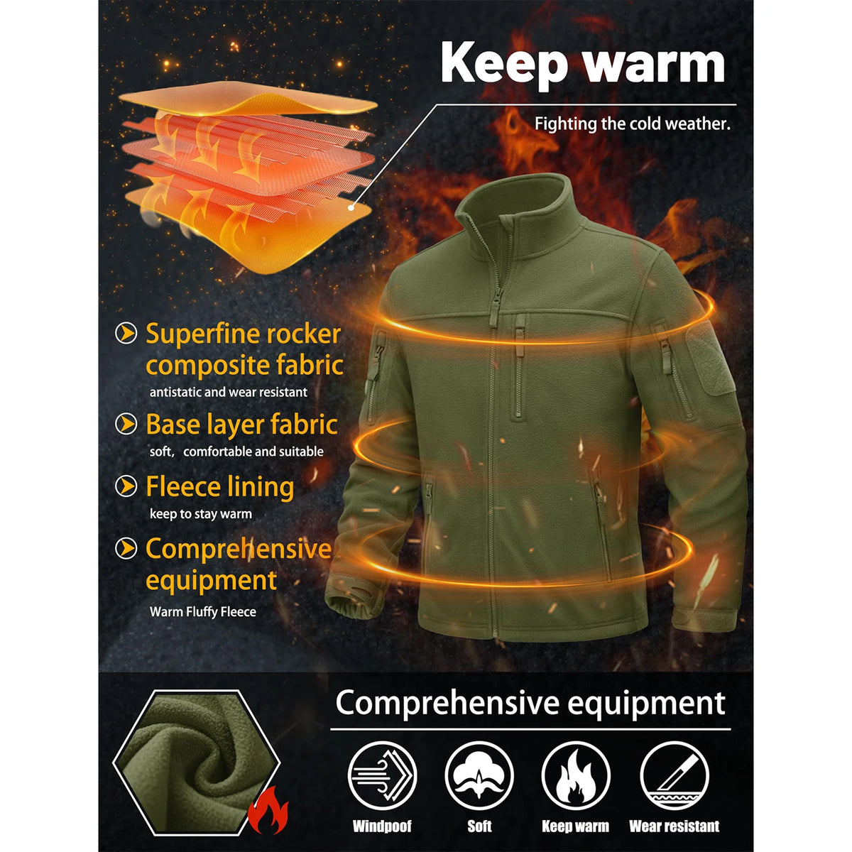 TACVASEN Full Zip Up Green Fleece Jacket Thermal Warm Work Coats Mens Zipper Pockets Jacket Hiking Training Outwear Windbreaker