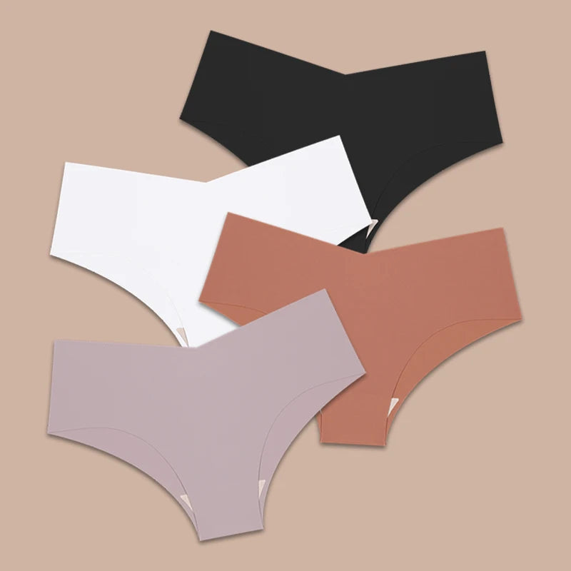 FINETOO 4pcs Seamless Ultra-thin Underwear Women's Panties Sexy V-Waist Breathable Briefs Female Silk Stretch Invisible Lingerie