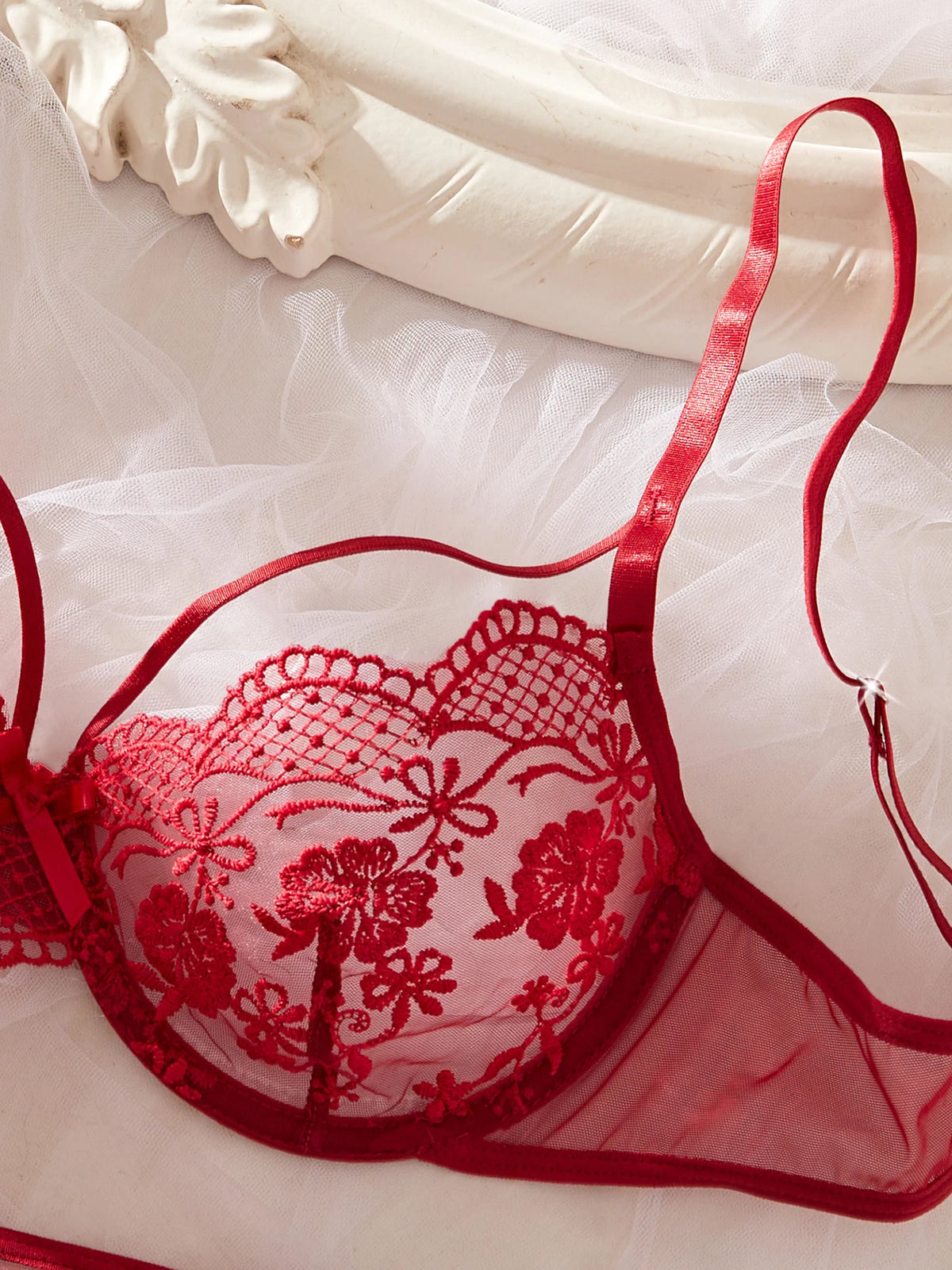 Women's Red Lace Embroidered 3-Piece Lingerie Set