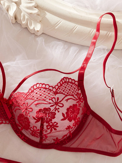 Women's Red Lace Embroidered 3-Piece Lingerie Set