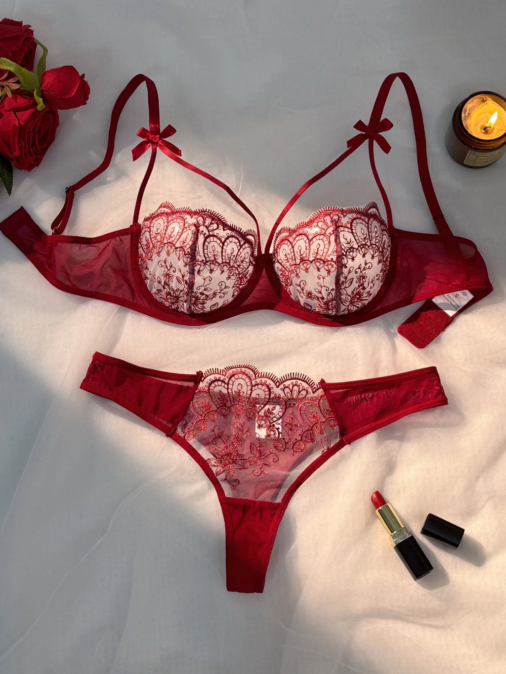 Red Floral Lace Bra & Thong Set