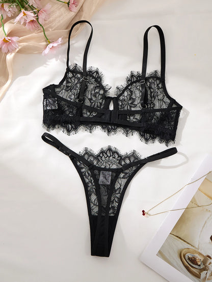 Women's Black Floral Lace Bra & Brief Set