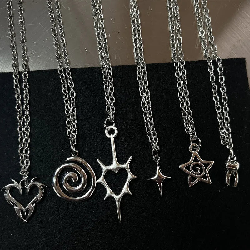 Y2K Flail Fire Heart Teeth Pendant Necklace for Women Men Charm Necklace Grunge Punk Fashion Jewelry ﻿