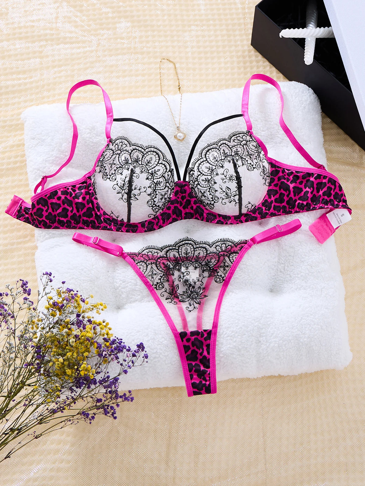 Magenta Leopard Lace Bra & Thong Set