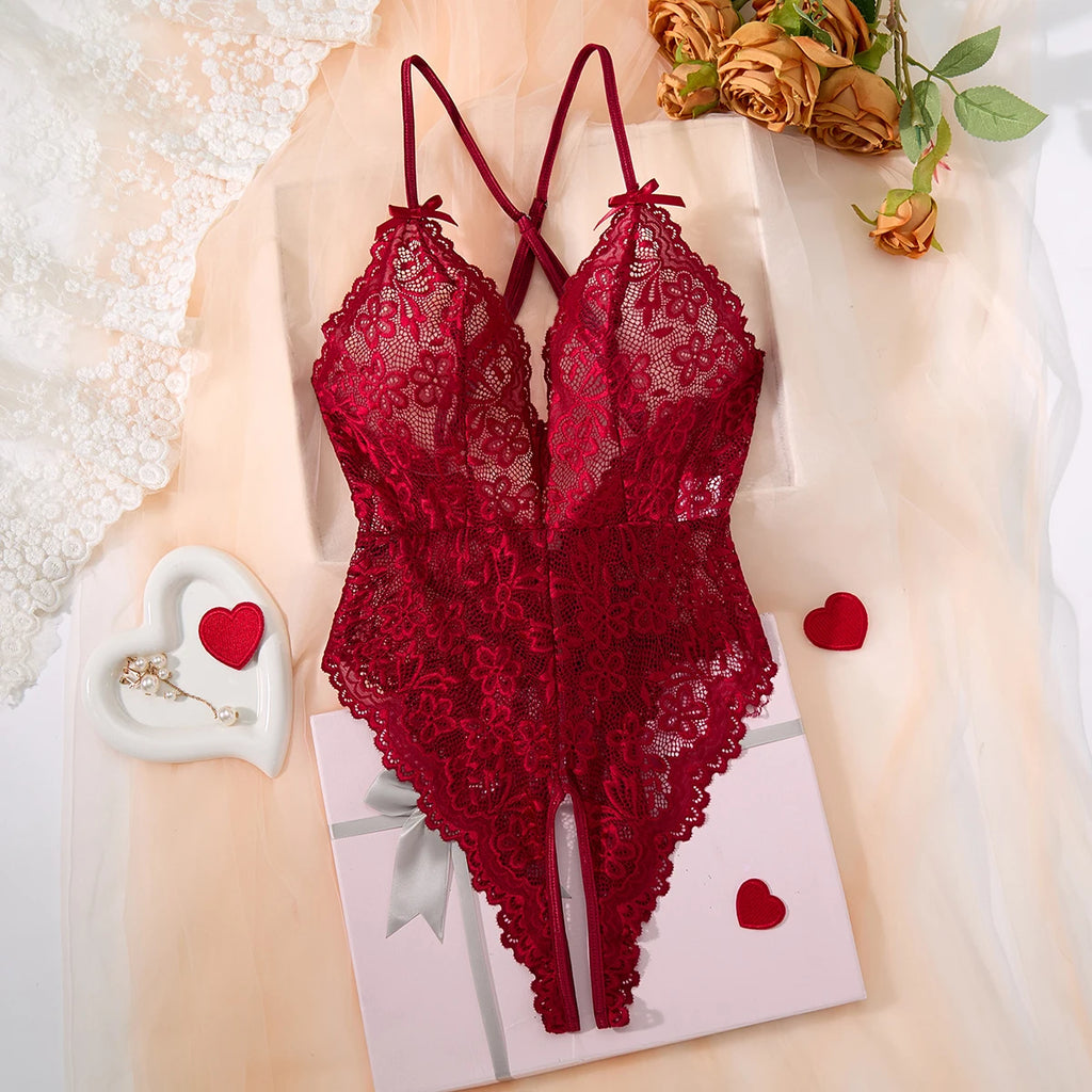 Red Lace Mesh Halter One-Piece
