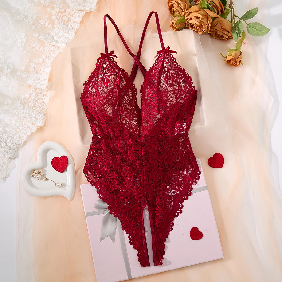 Red Lace Mesh Halter One-Piece