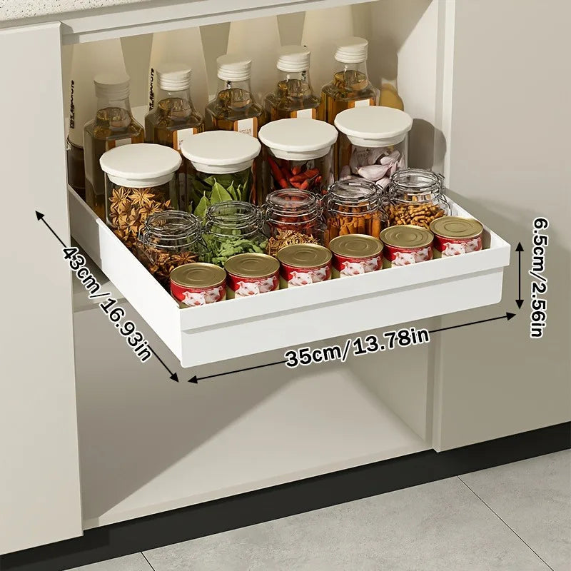 No-Drill Magic Tray Heavy-duty slide-out organizer for cabinets/sinks. Easy install, huge space saver! Perfect for tiny homes