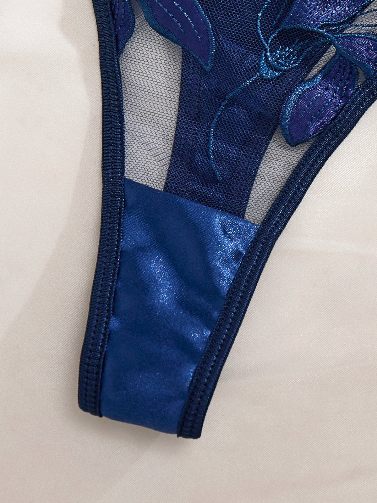 Navy Blue Floral Embroidered Bra & Thong Set