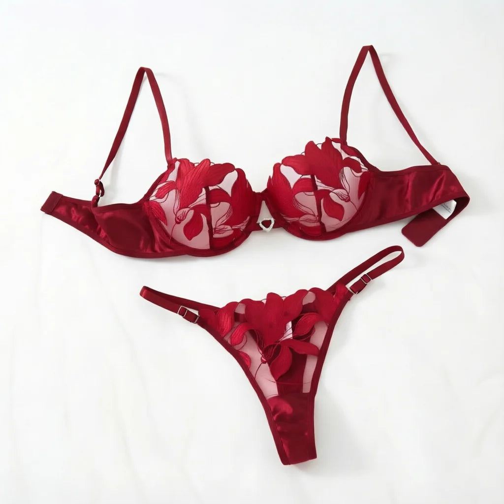 Multi-Color Floral Embroidered Bra & Brief Set