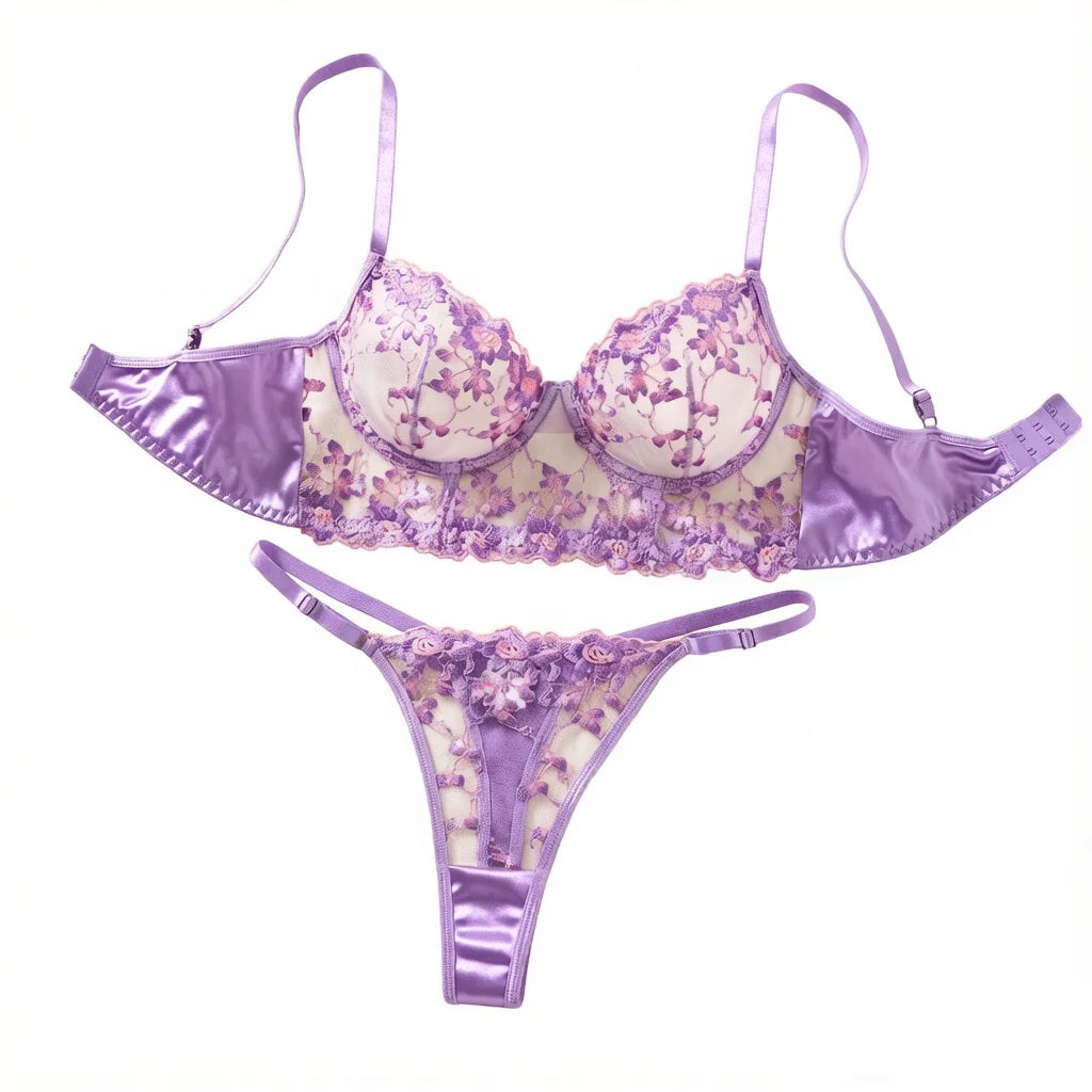 Purple Floral Embroidered Bra & Thong Set