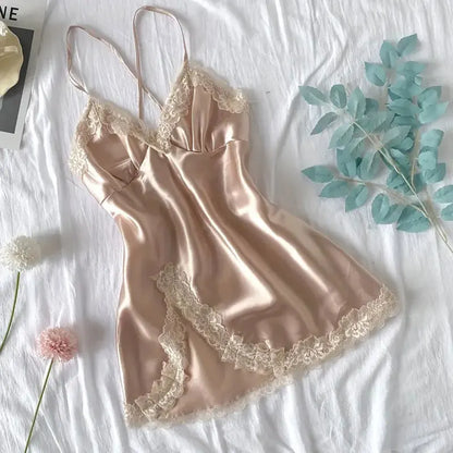 Off Shoulder Ultra Short Sexy Bras Pajamas Home Dresses Night Shirts Sexi Women's Nightgown Silk Lingerie See Through Dress