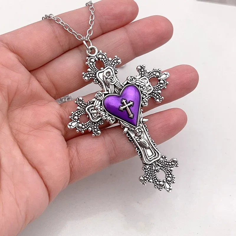 Y2K Gothic Big Cross Necklace Pink Black Red Heart Irregular Goth Large Cross Pendant Necklaces for Men Women Couple Jewelry