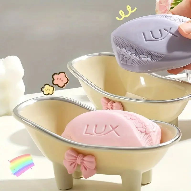 1Pc Cute Plastic Bathroom Soap Dish - Bowknot Design Soap Holder with Creative Drainage - Bathroom Accessories Tray