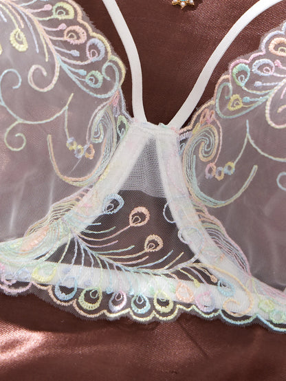 Women's White Peacock Embroidered Bra & Panty Set