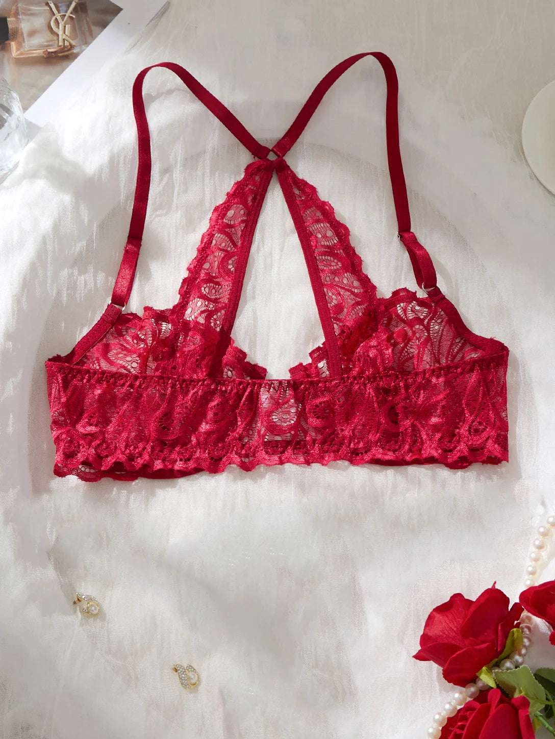 Wine Red Front-Closure Lace Bra
