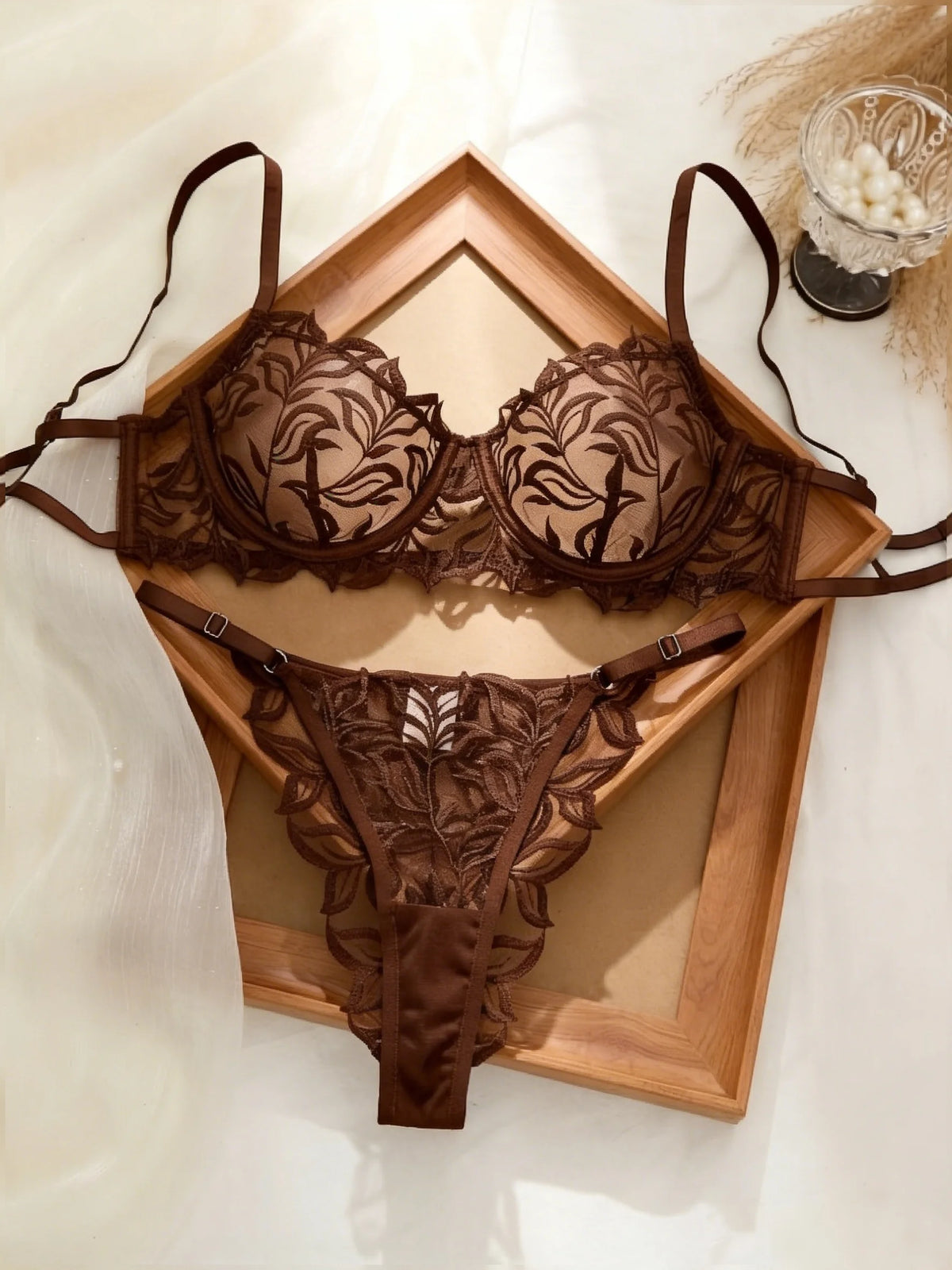 Women's Embroidered Sheer Bra & G-String Set