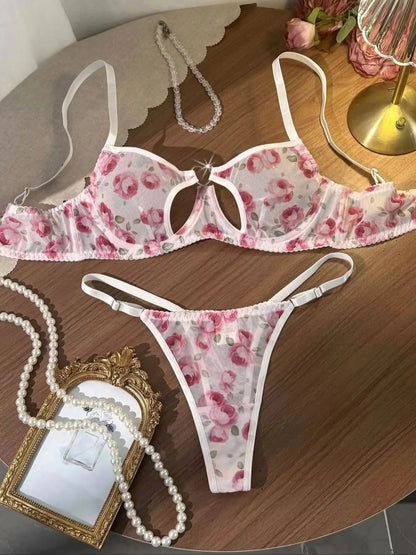 Women's Pink Rose Sheer Mesh Bra & Thong Set