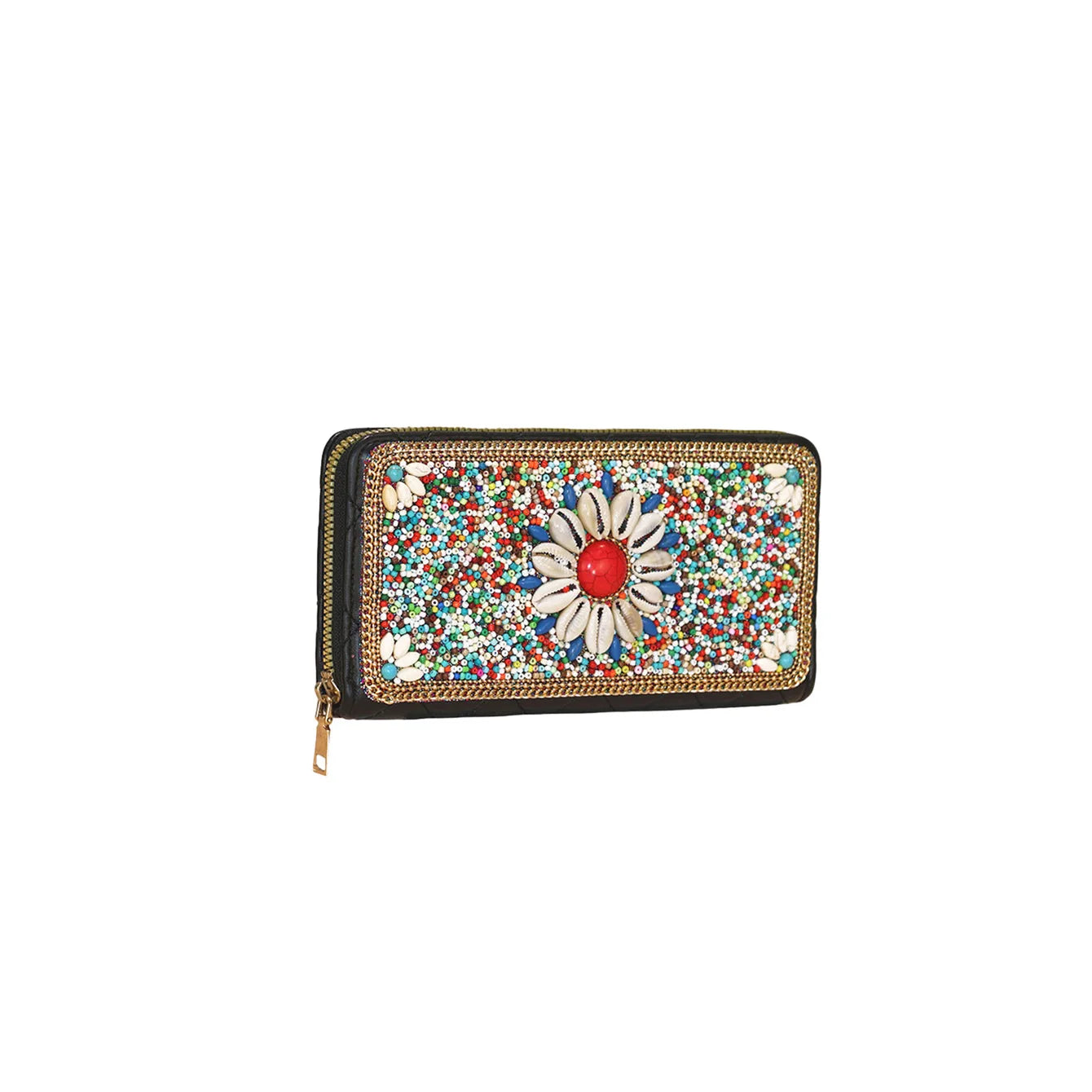 Women's Boho Seed Bead Flower Long Purse – Rhinestone Zipper Clutch, Black