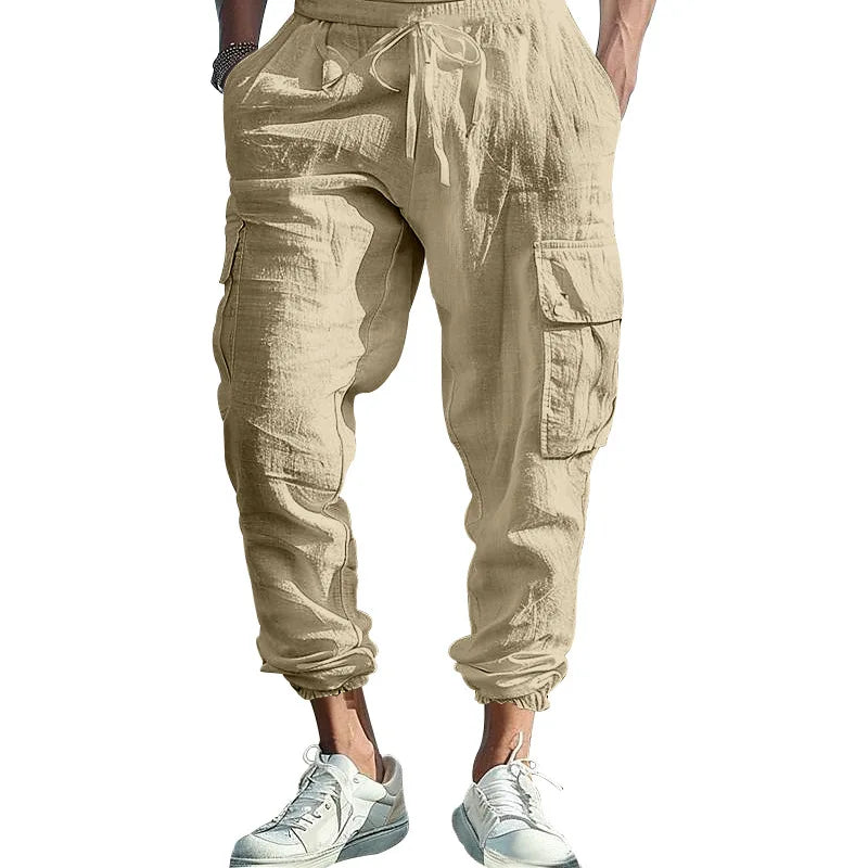 Amazon Cross-Border Cotton and Linen Tied Feet Multi-Pocket Tether Solid Color Loose Drawstring Trousers