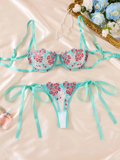Women's Sheer Floral Embroidered Bra & Brief Set