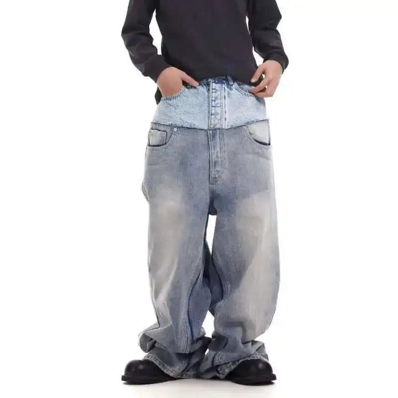 PFNW Niche Colorblock Patchwork Wide Leg Blue Jeans Men's Spring 2025 New Straight Double Waist Design Denim Trousers 28W6048