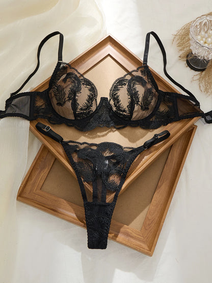 Women's Black Feather Detail Lingerie Set