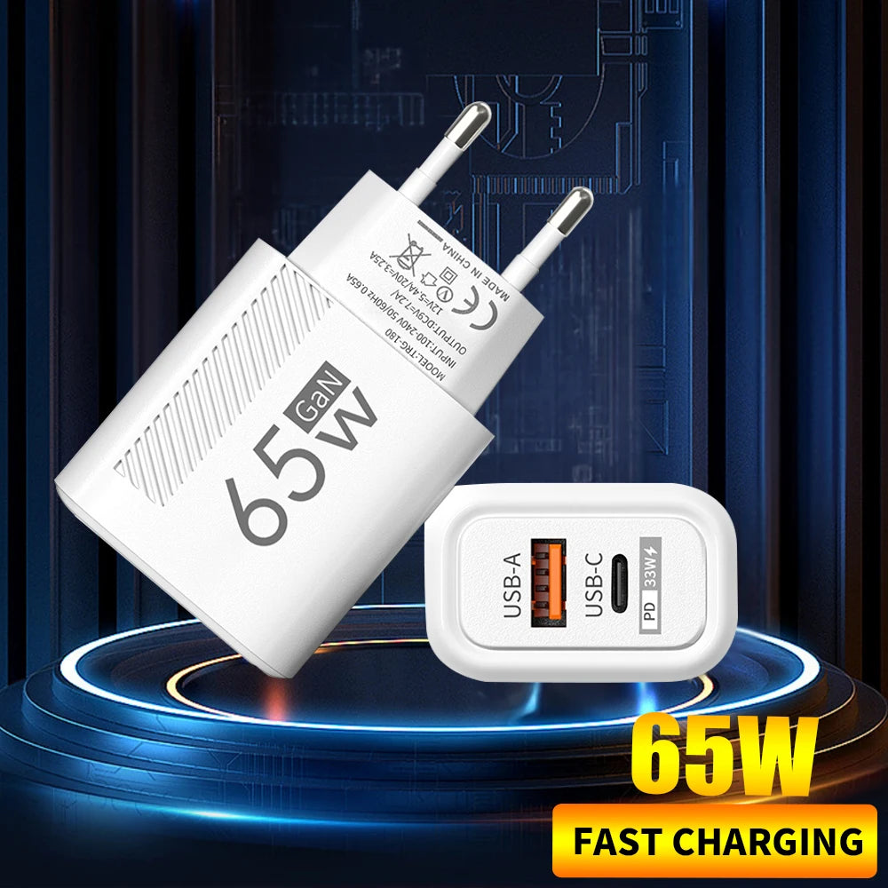 65W GaN Fast Charging USB Type C Charger US EU Plug PD 3.0 Quick Charge Travel Wall Charger For Phone Adapter For iPhone Samsung
