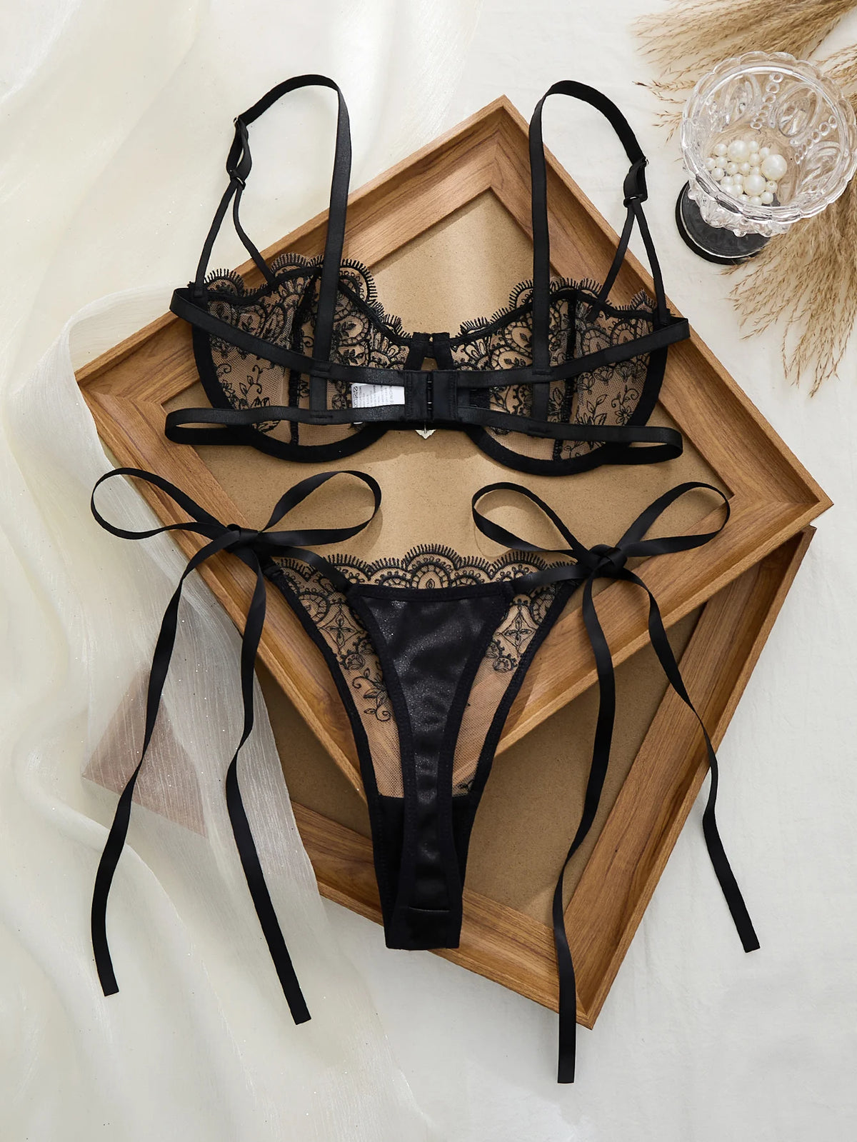 Black Floral Embroidered Bra & Thong Set