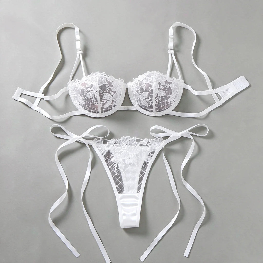 White Floral Lace Bra & Tie-Side Thong Set