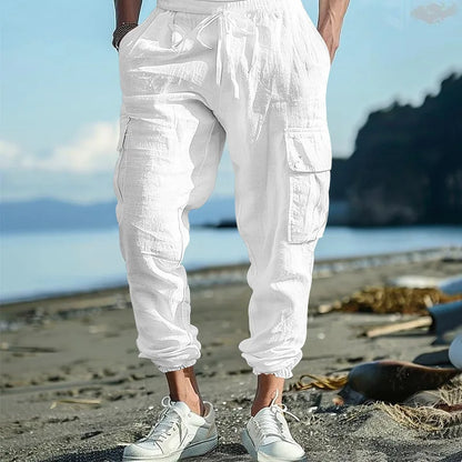 Amazon Cross-Border Cotton and Linen Tied Feet Multi-Pocket Tether Solid Color Loose Drawstring Trousers