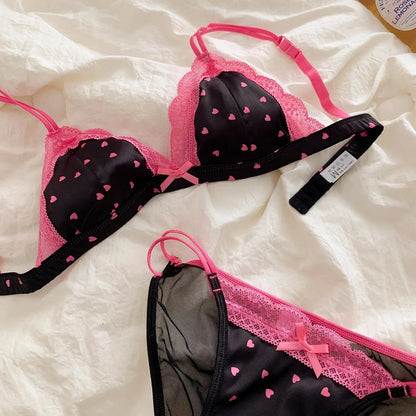 Women's Satin Lace Triangle Cup Bra Set