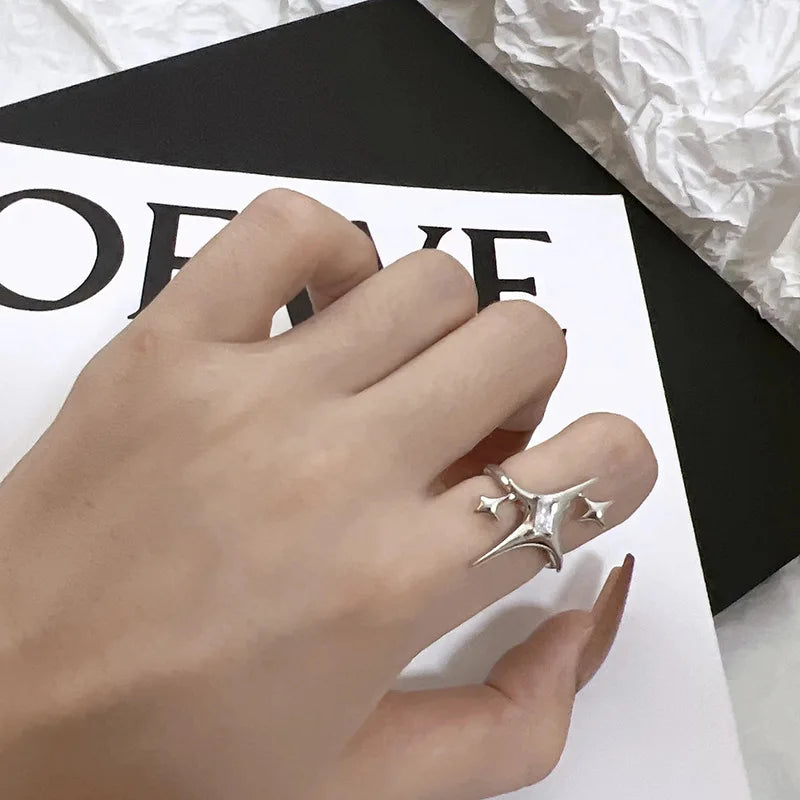Irregular Cross Star Opal Rings Y2K Natural Stone Star Ring for Women Men Couple Rings Moonstone Zircon Ring Unisex Jewelry 2024
