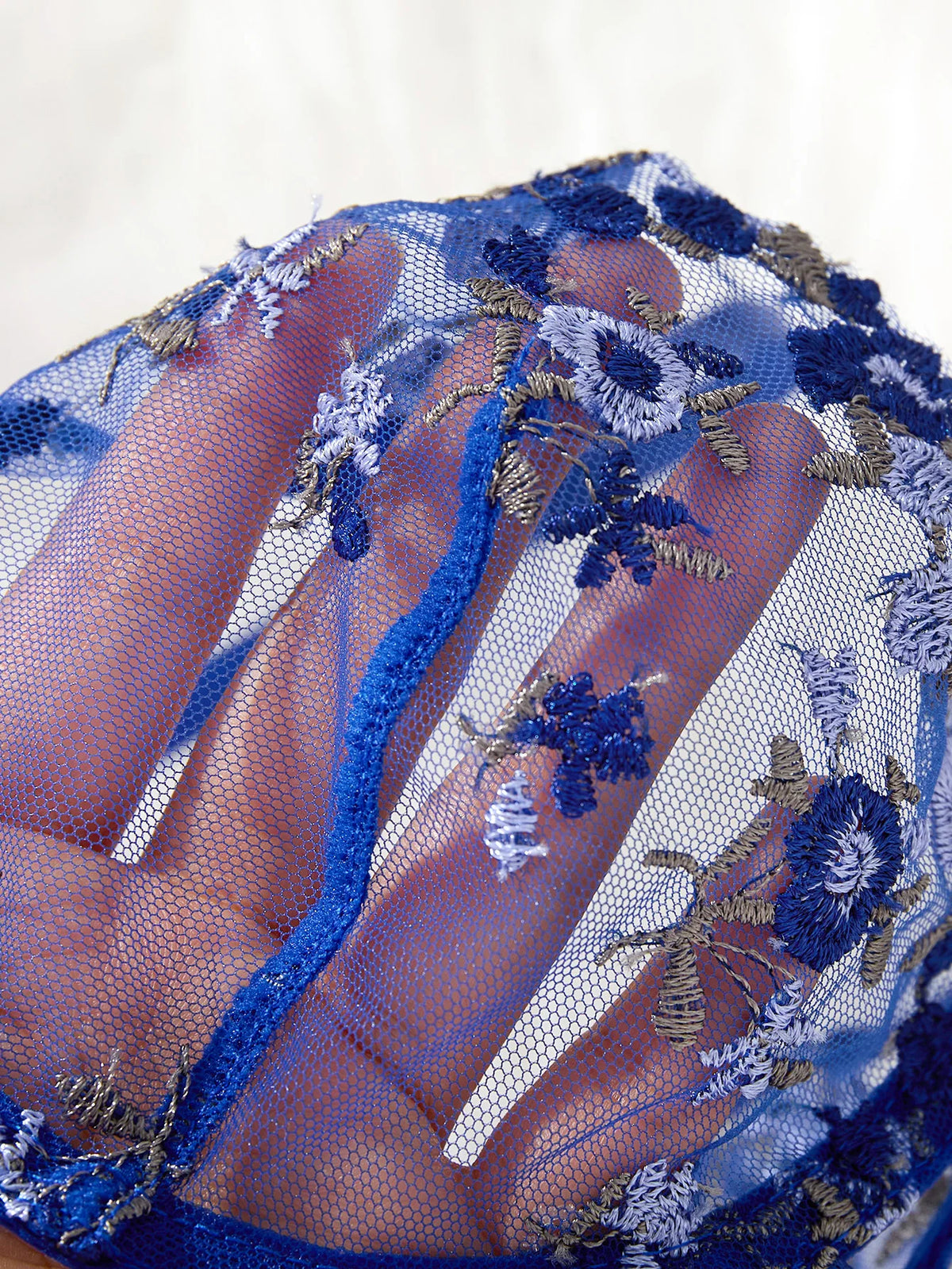 Blue Floral Embroidered Underwire Bra & Thong Set