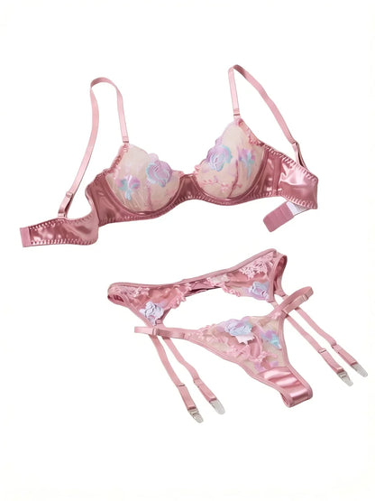 Women's Pink Satin Embroidered 3-Piece Lingerie Set