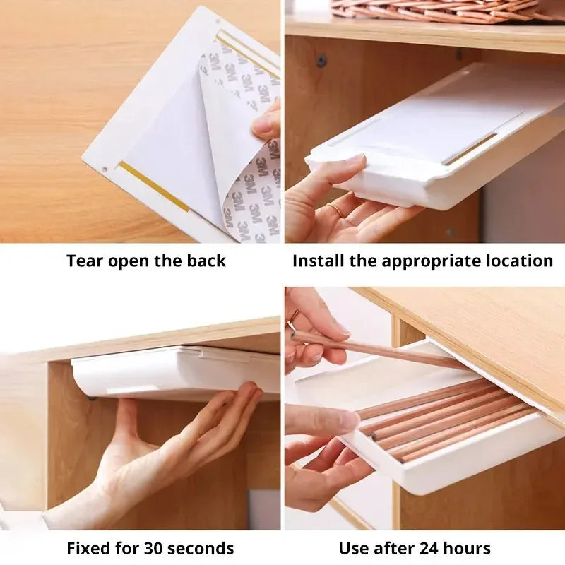 White SelfAdhesive Storage Drawer Box Makeup Pencil Tray Desk Hidden Under Desk Stand Self-adhesive Under-drawer Storage Box YH