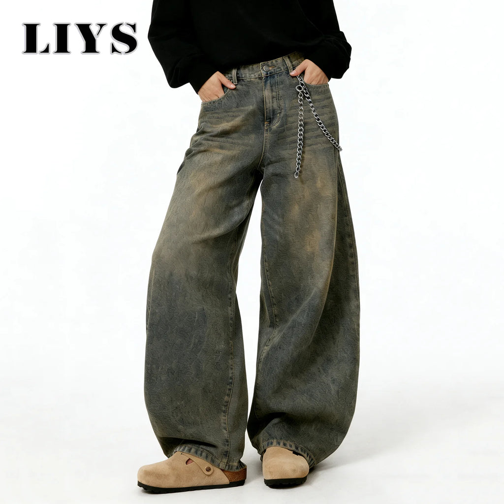LIYS American Retro Baggy Wide Leg Jeans Men's Streetwear Distressed Y2K Clothing Casual Daily Four Seasons Denim Pants Unisex