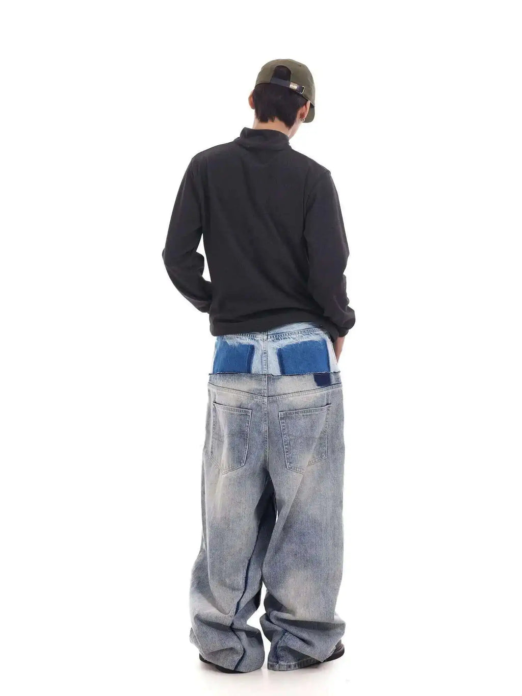PFNW Niche Colorblock Patchwork Wide Leg Blue Jeans Men's Spring 2025 New Straight Double Waist Design Denim Trousers 28W6048