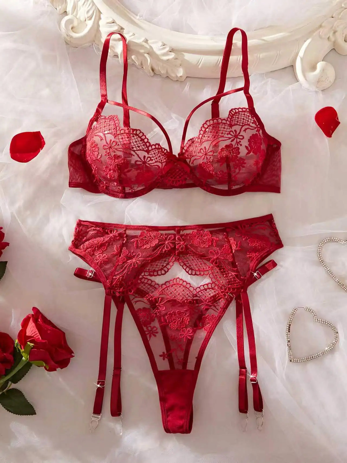 Women's Red Lace Embroidered 3-Piece Lingerie Set
