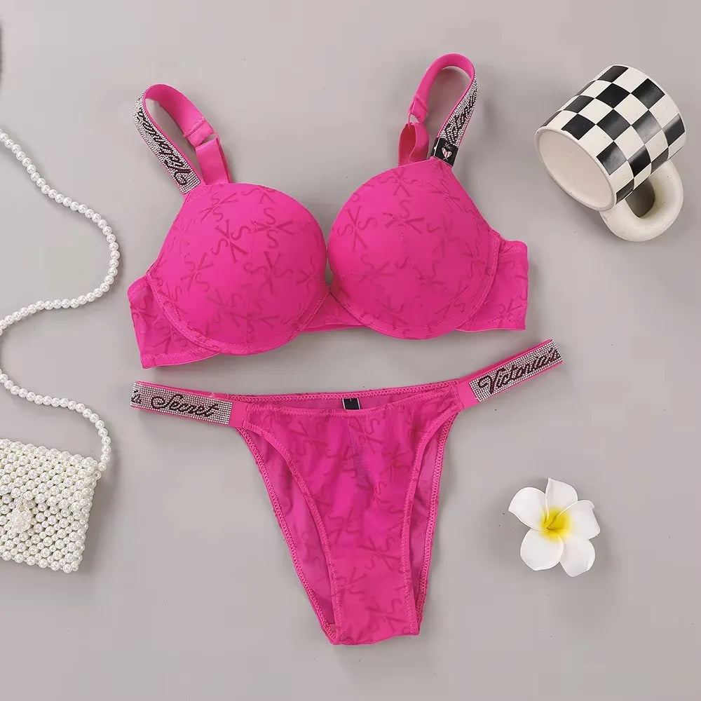 Victoria Secret Hot Sexy Lingerie Set Very Sexy Logo Shine Strap Embossed Lace Push Up Bra Shine Script Thong Panty