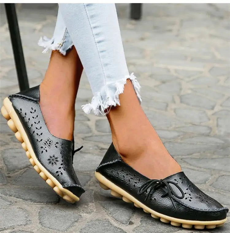 Women's Leather Ballet Flats — Hollow Slip-On Ballerina Shoes