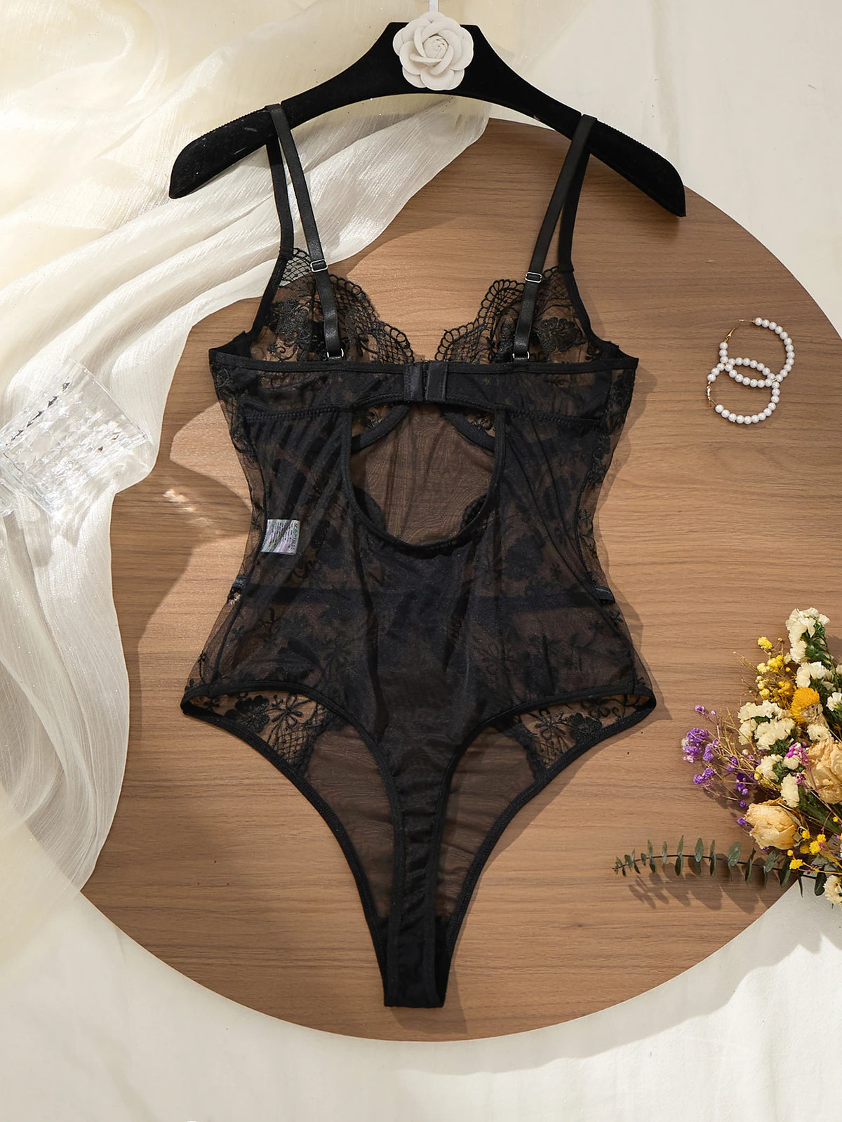 Women's Black Floral Lace Bodysuit