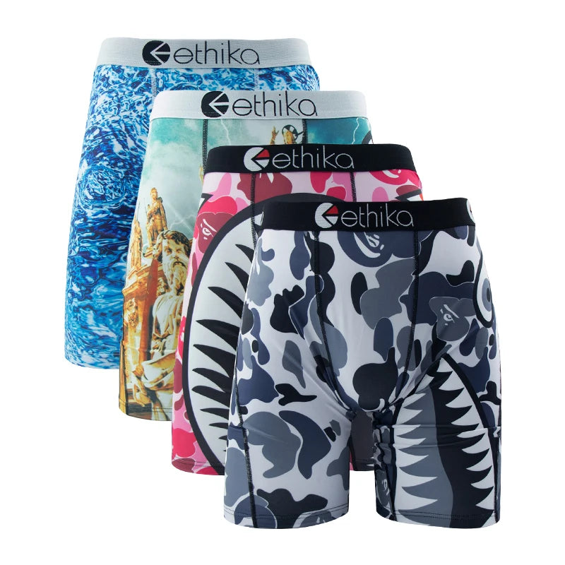 ETHIKA 4Pcs Men Underwear Boxers Breathable Swimming Man Underpants Plus Size Print Mens Panties Trunks Sexy Men's Boxer Briefs