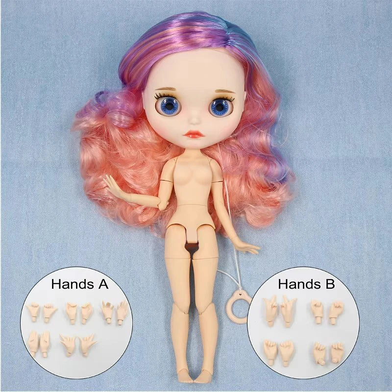 ICY DBS Blyth doll 1/6 bjd joint body dark skin shiny face blue hair white skin matte face Multi-colored hair 30CM toy anime