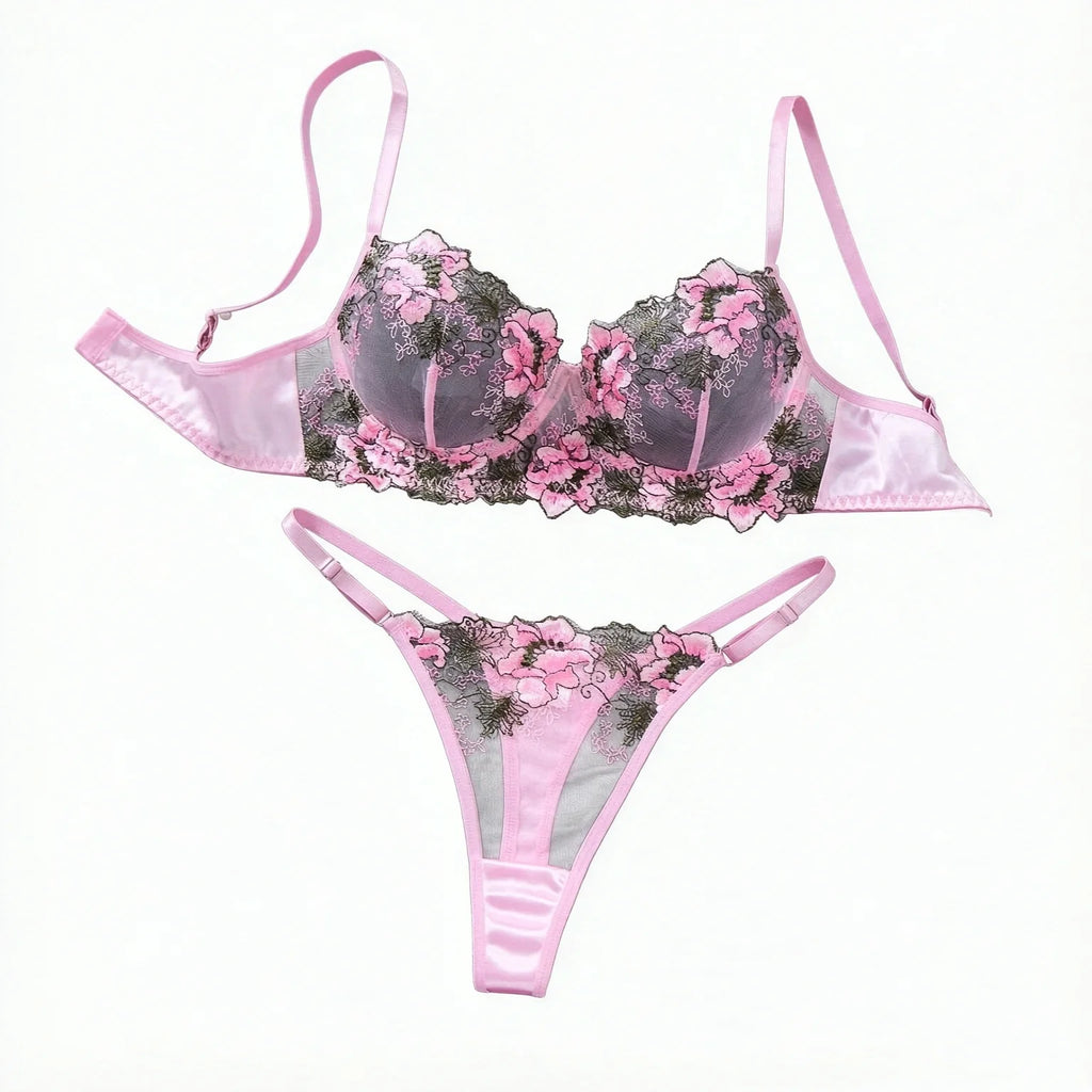 Pink Floral Embroidered Lace Bra & Thong Set