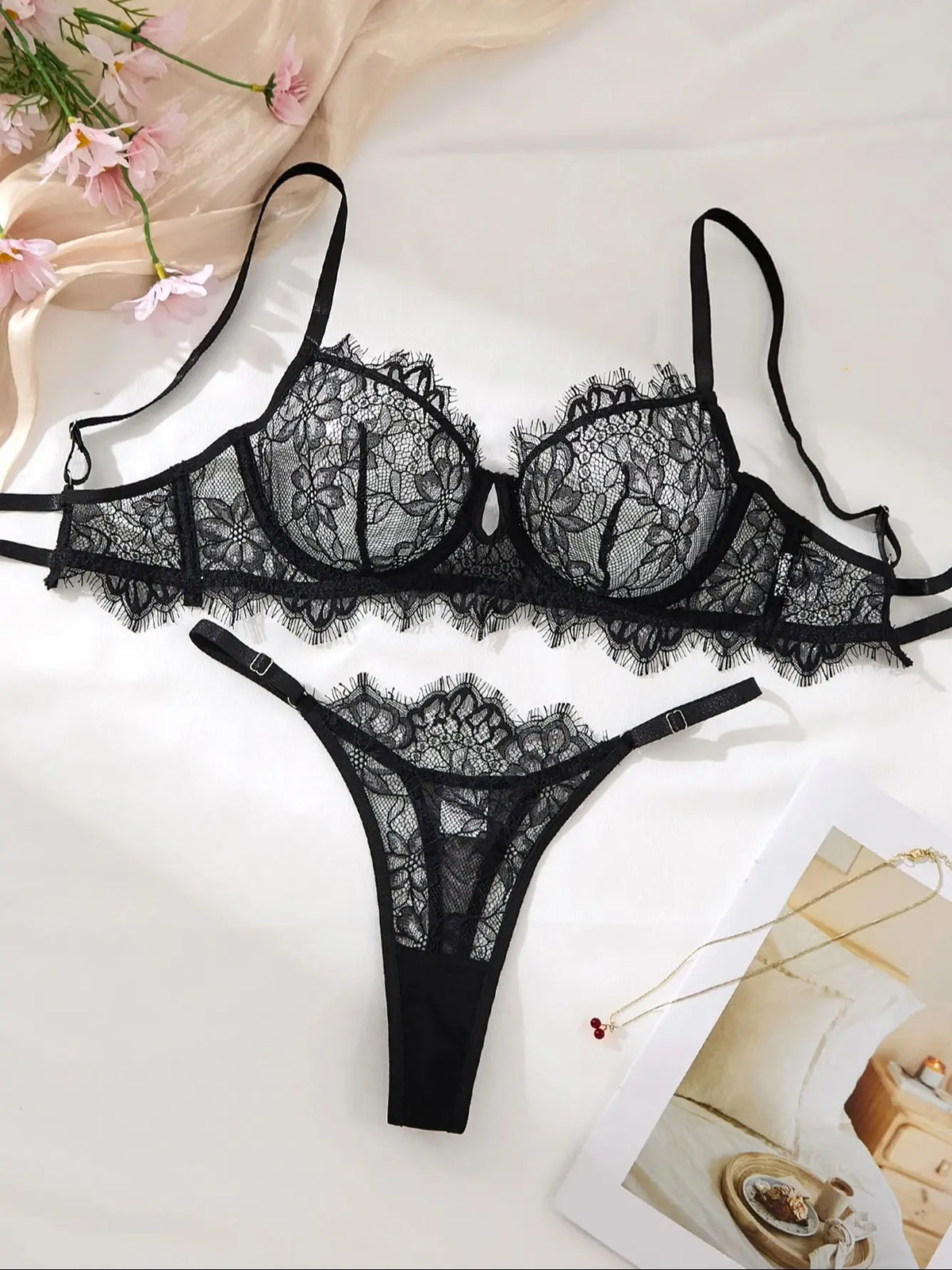 Women's Black Floral Lace Bra & Brief Set