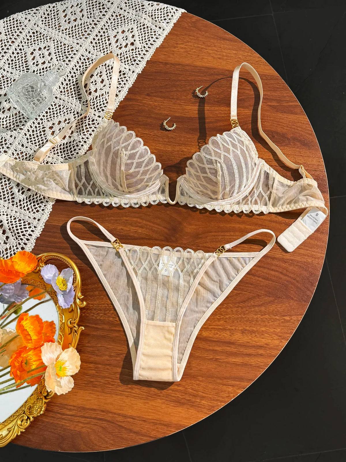 Women's Beige Lace Mesh Bra & Panty Set