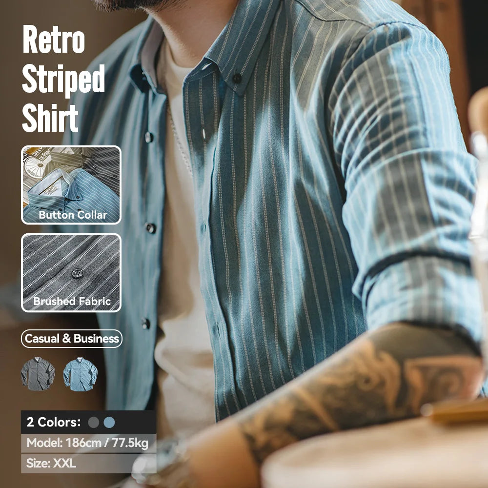 Maden Workwear American Retro Brushed Blue Vertical Stripe Shirt Business Casual Long Sleeve Non iron Shirt Men's Tops Autumn