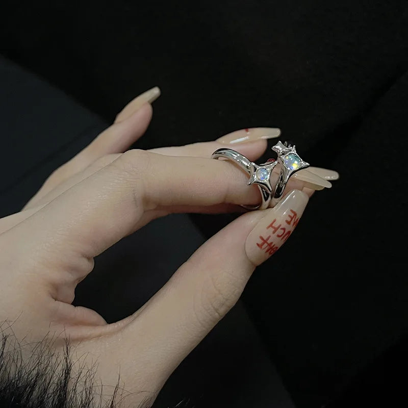 Irregular Cross Star Opal Rings Y2K Natural Stone Star Ring for Women Men Couple Rings Moonstone Zircon Ring Unisex Jewelry 2024