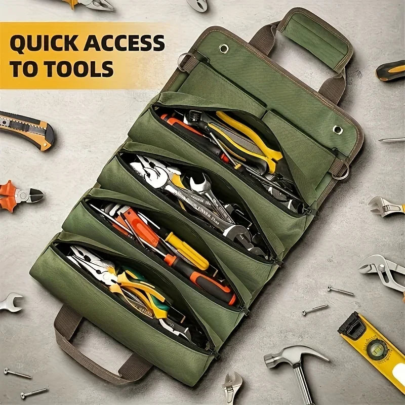 Heavy-Duty Roll-Up Tool Bag - Oxford Fabric Multi-Tool Organizer All-in-One Garage Storage for Mechanics/Electricians/Carpenters